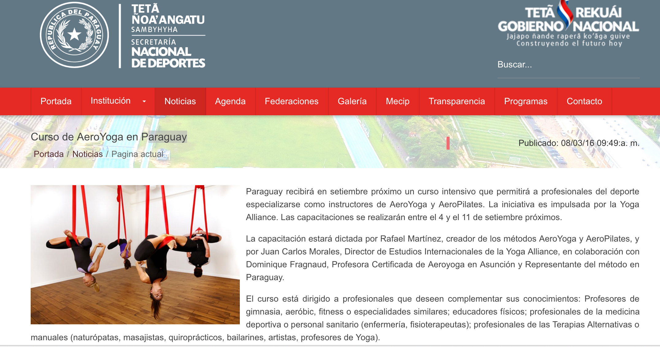 La Secretaría Nacional de Deportes de Paraguay Anuncia el Curso Profesores AeroYoga® con Rafael Martínez